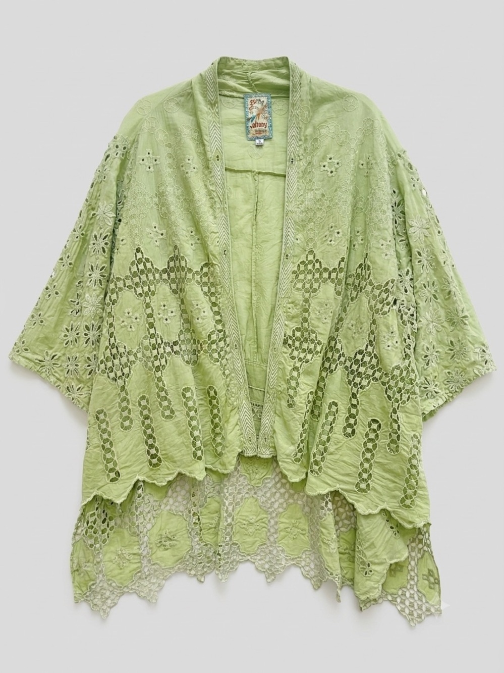 Johnny Was Baez Salacia Kimono Jacket XL Green Embroidered Lace Open Front EUC